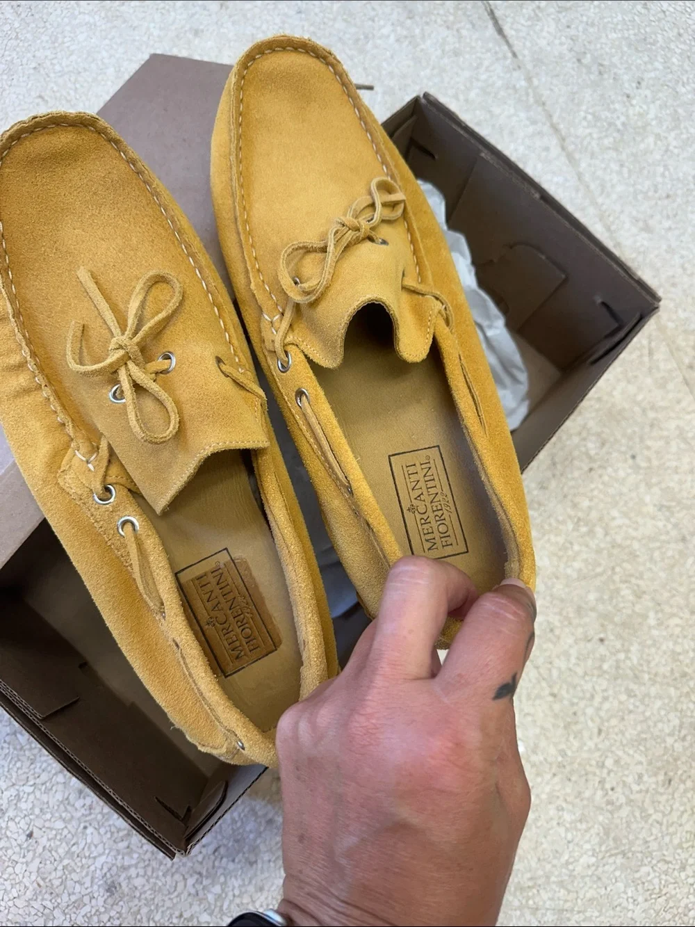 Mercanti Fiorentini Men's Suede Boat Shoes in Mustard Yellow